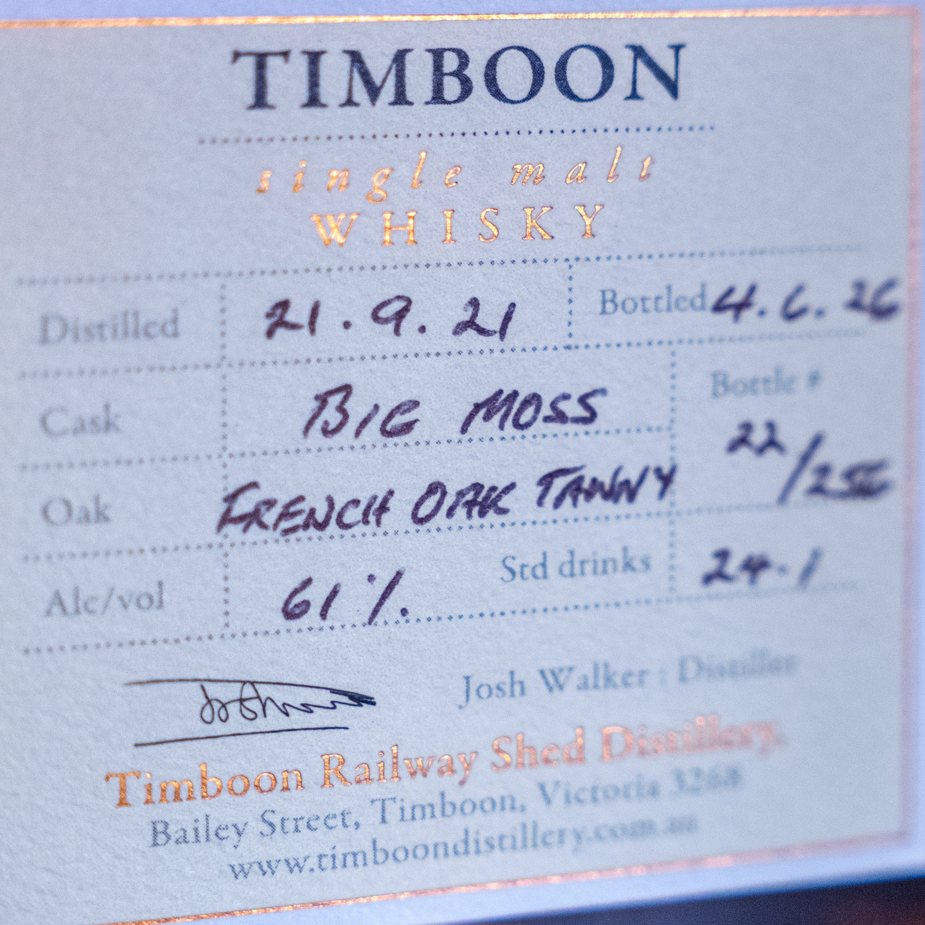 Limited Edition - Single Malt Whisky - Big Moss Timboon Railway Shed Distillery